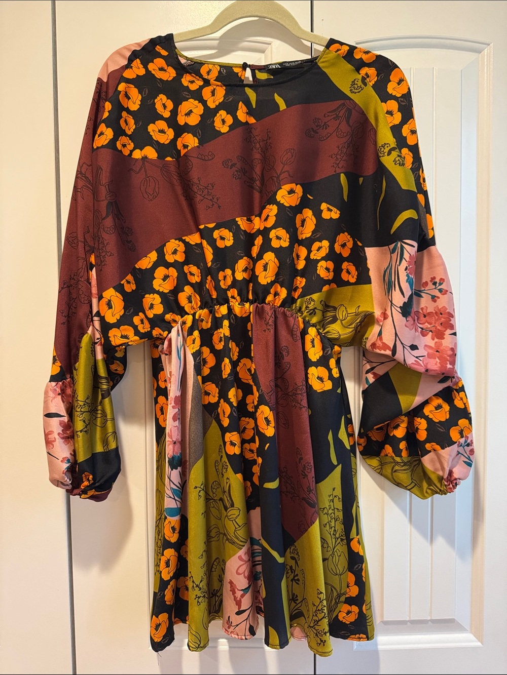 Zara Black Floral Print Top with Yellow and Pink Accents